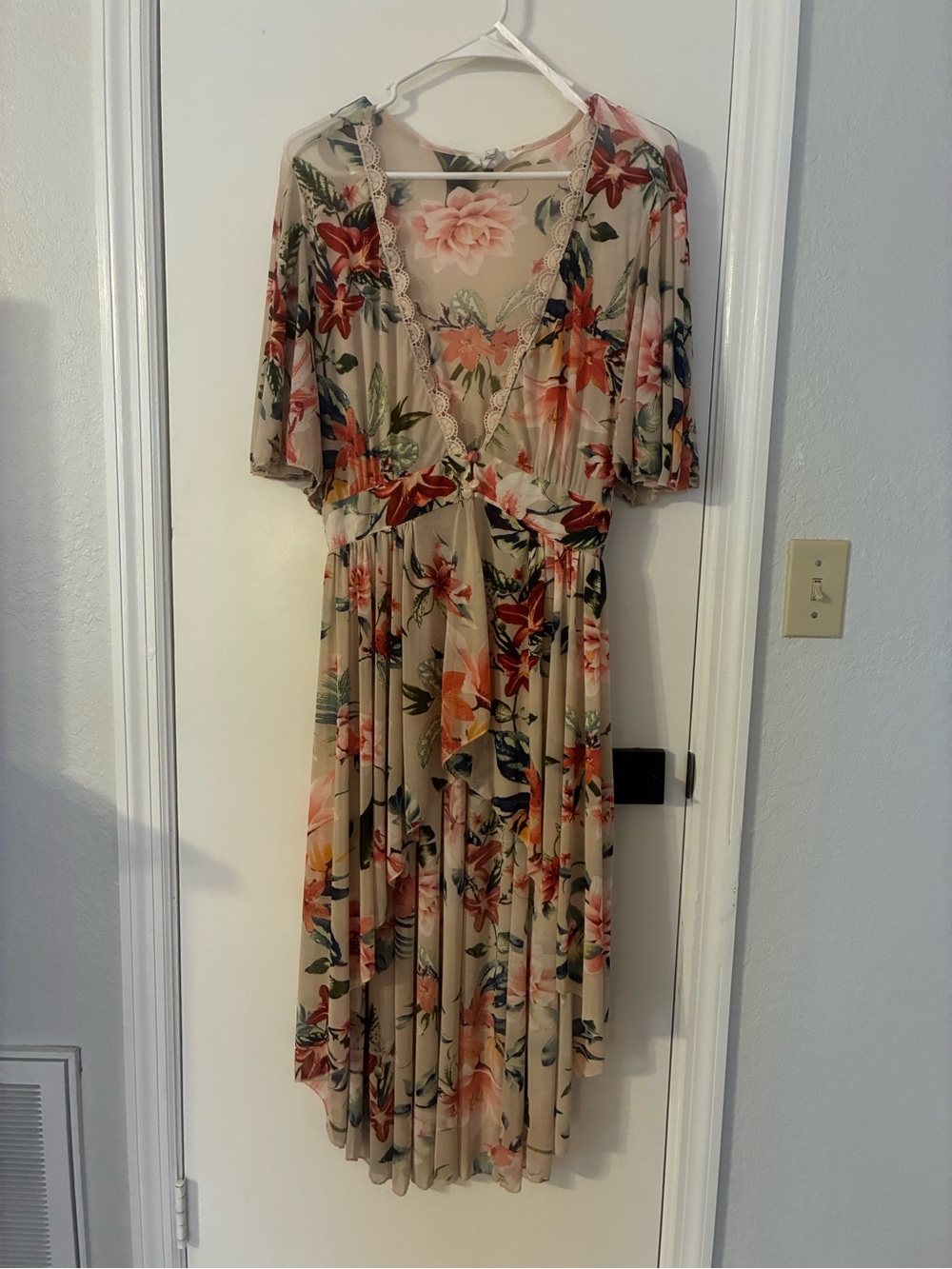 Floral V-Neck Hi-lo Coverup with Front Button Closure and Bell Sleeves